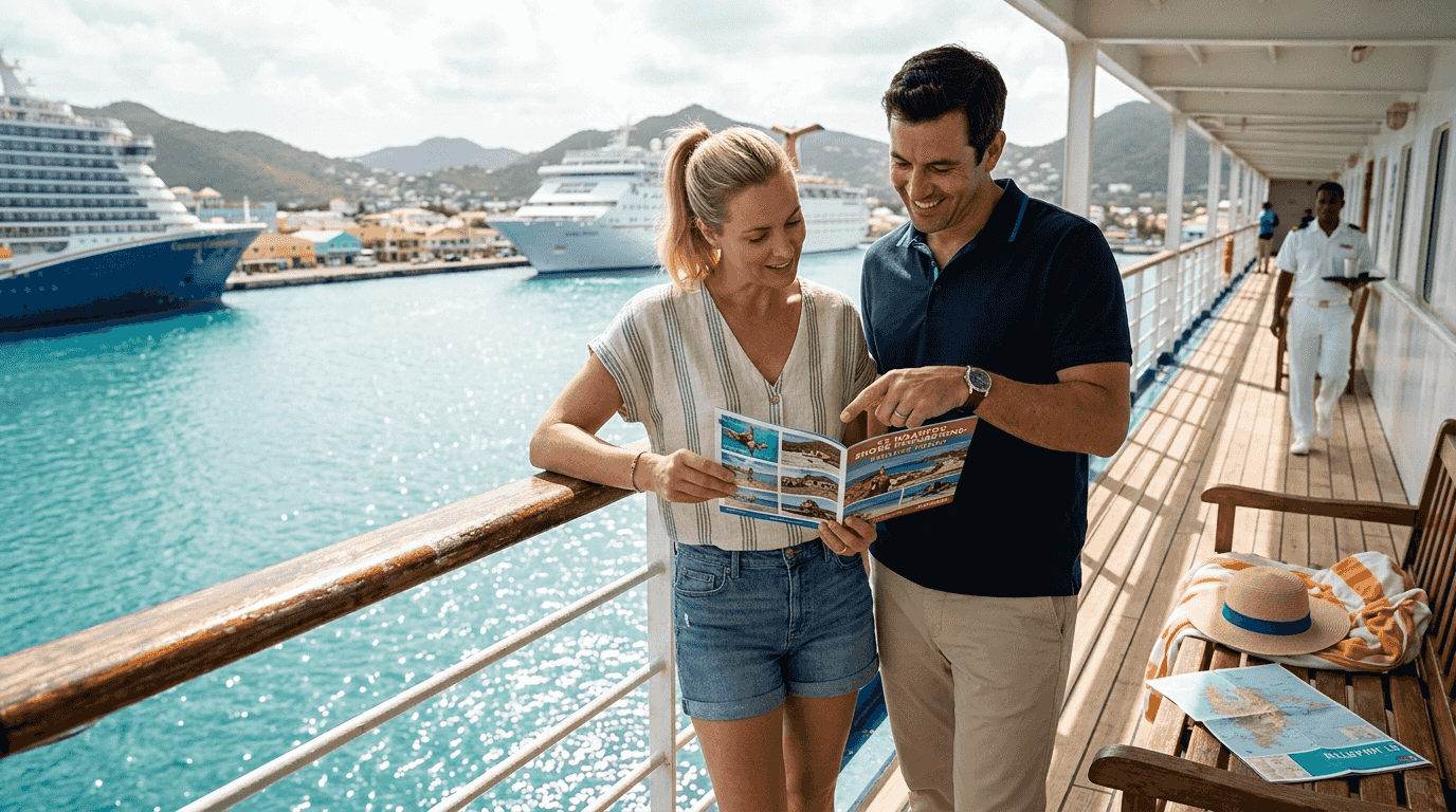 Couple choosing cruise excursion with brochure on deck