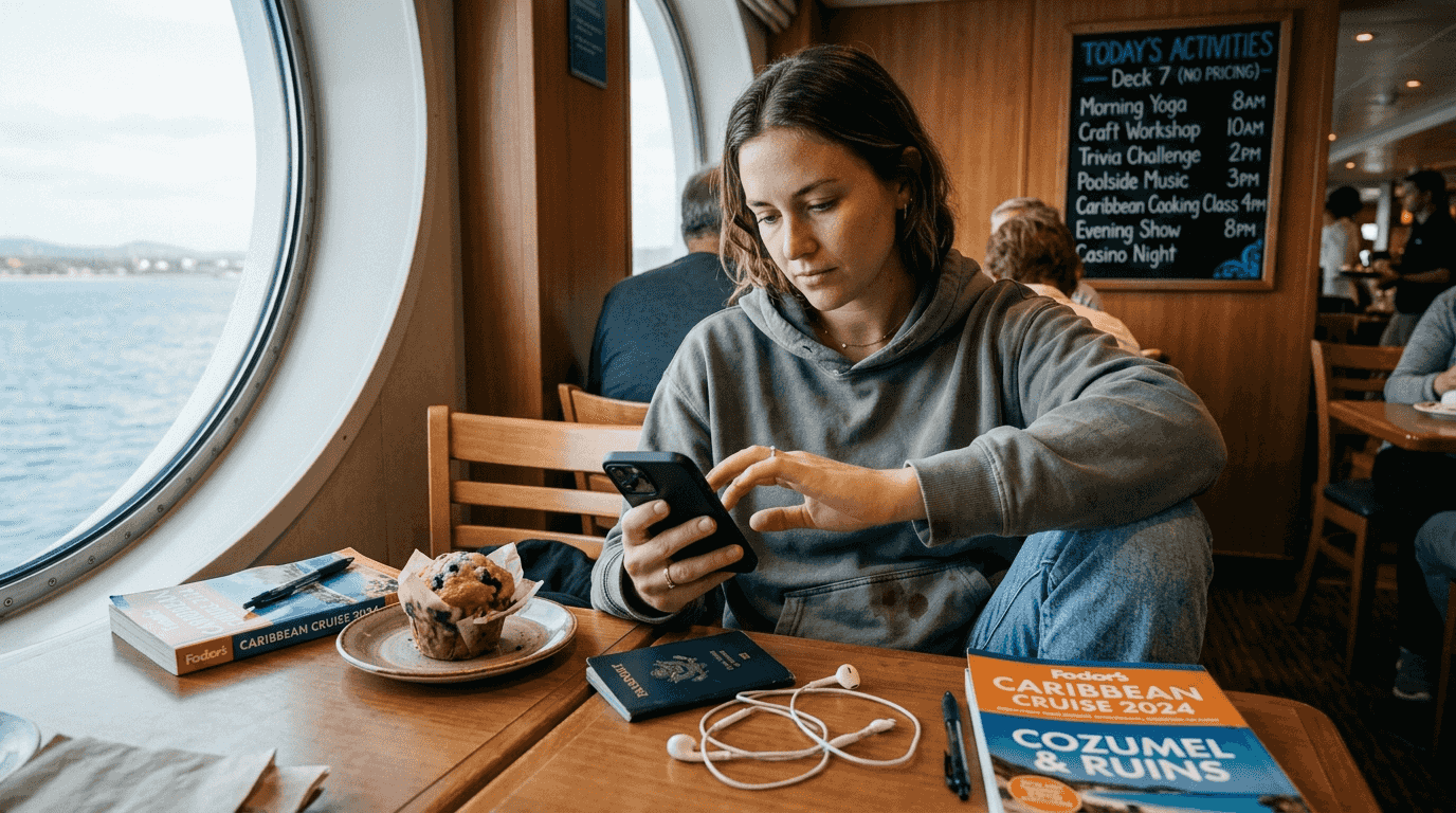 Young woman using cruise planning app onboard