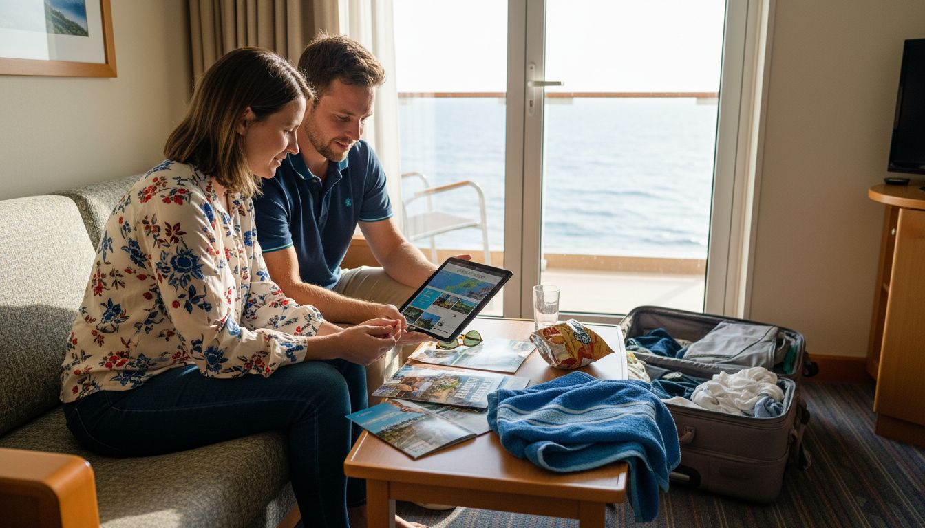 Couple planning cruise trip in cabin