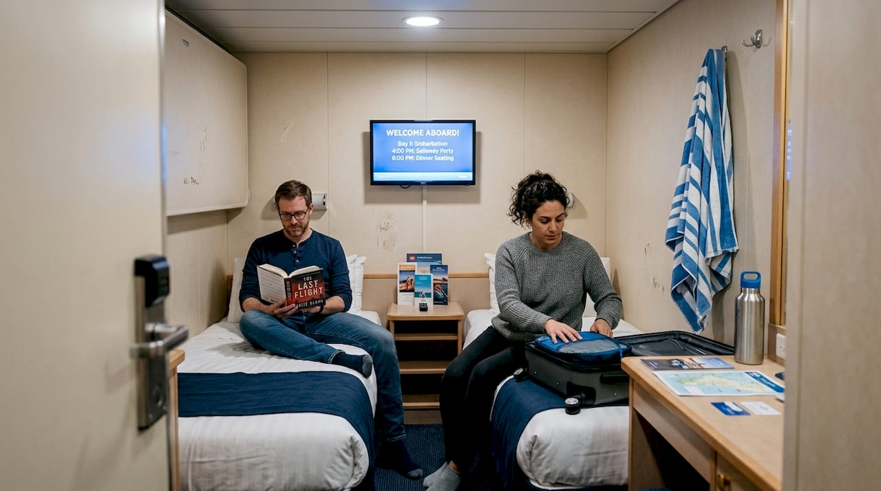 Couple in compact cruise inside cabin