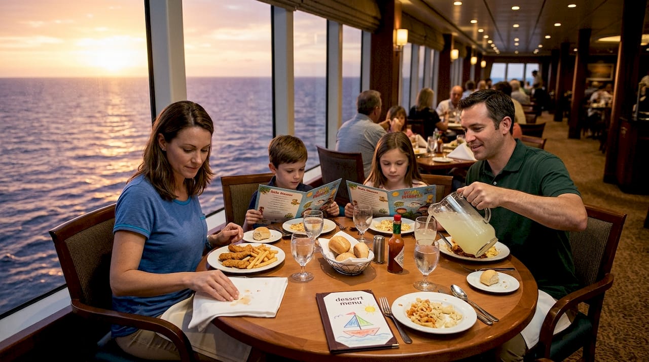 Family dining in cruise ship restaurant at sunset