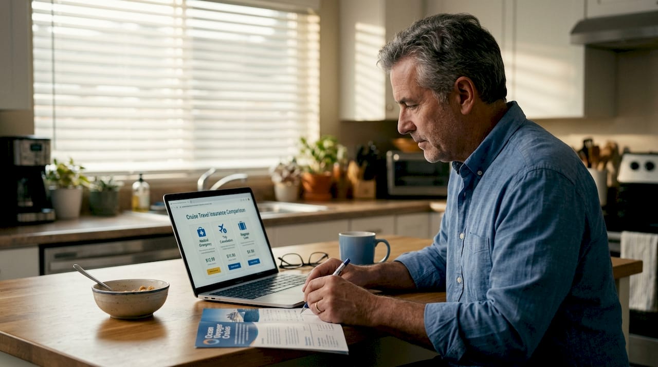 Man comparing cruise insurance options online