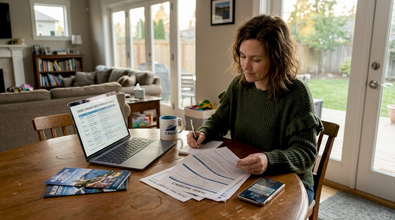 Woman reviewing cruise travel insurance papers