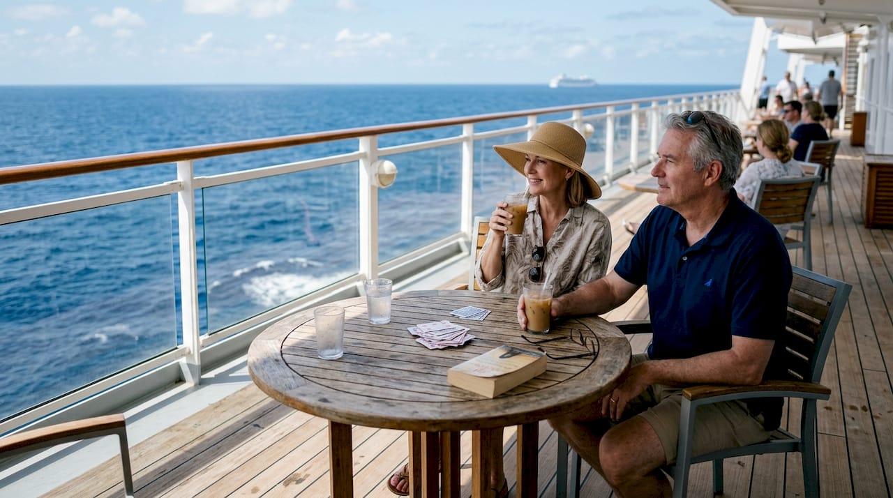 Couple enjoying drinks on cruise deck