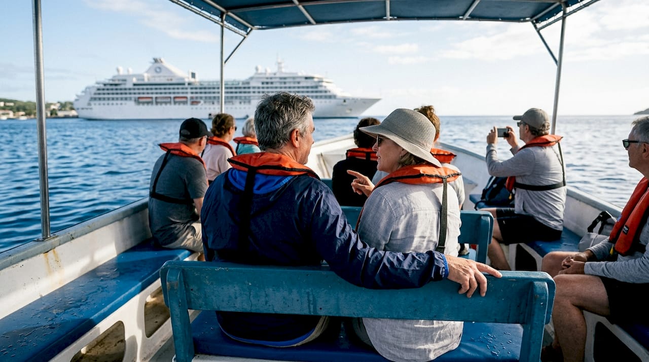Cruise passengers on tender ferry to port
