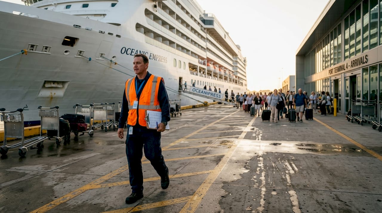 Cruise ship docked at busy port terminal