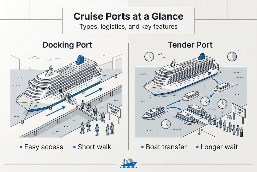 Infographic comparing docking and tender cruise ports
