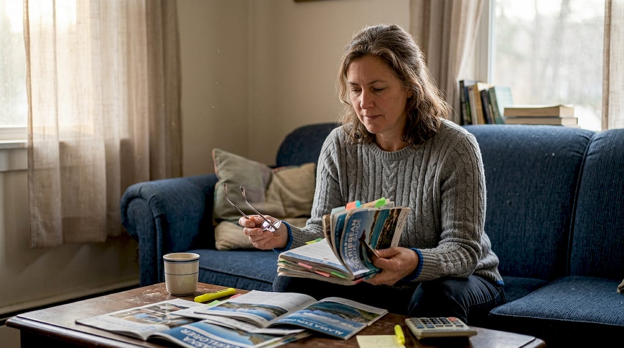 Woman comparing cruise cabin brochures on couch
