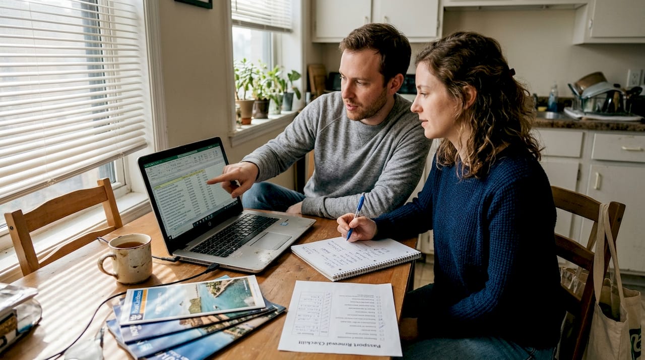 Budget travelers planning cruise at kitchen table