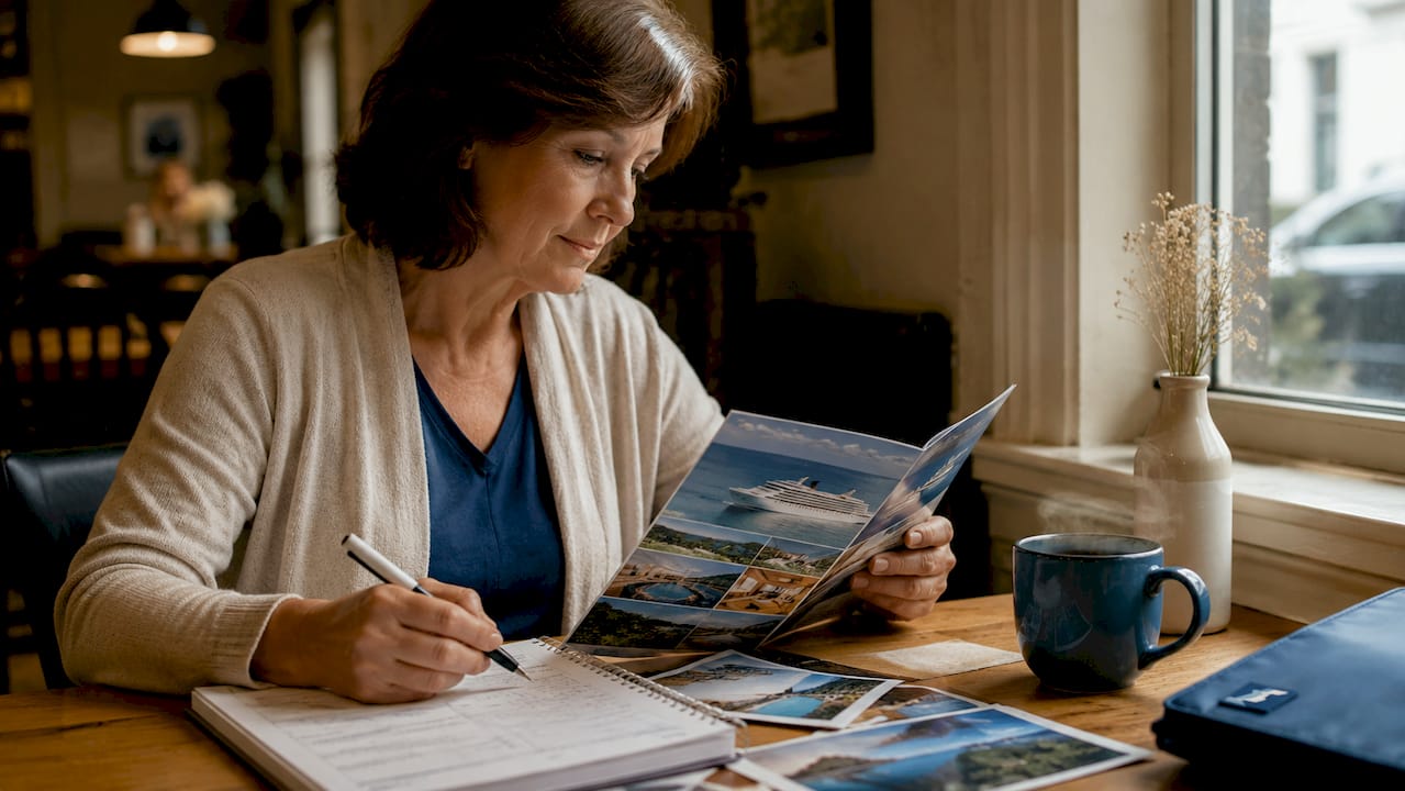 Woman planning cruise early at home desk