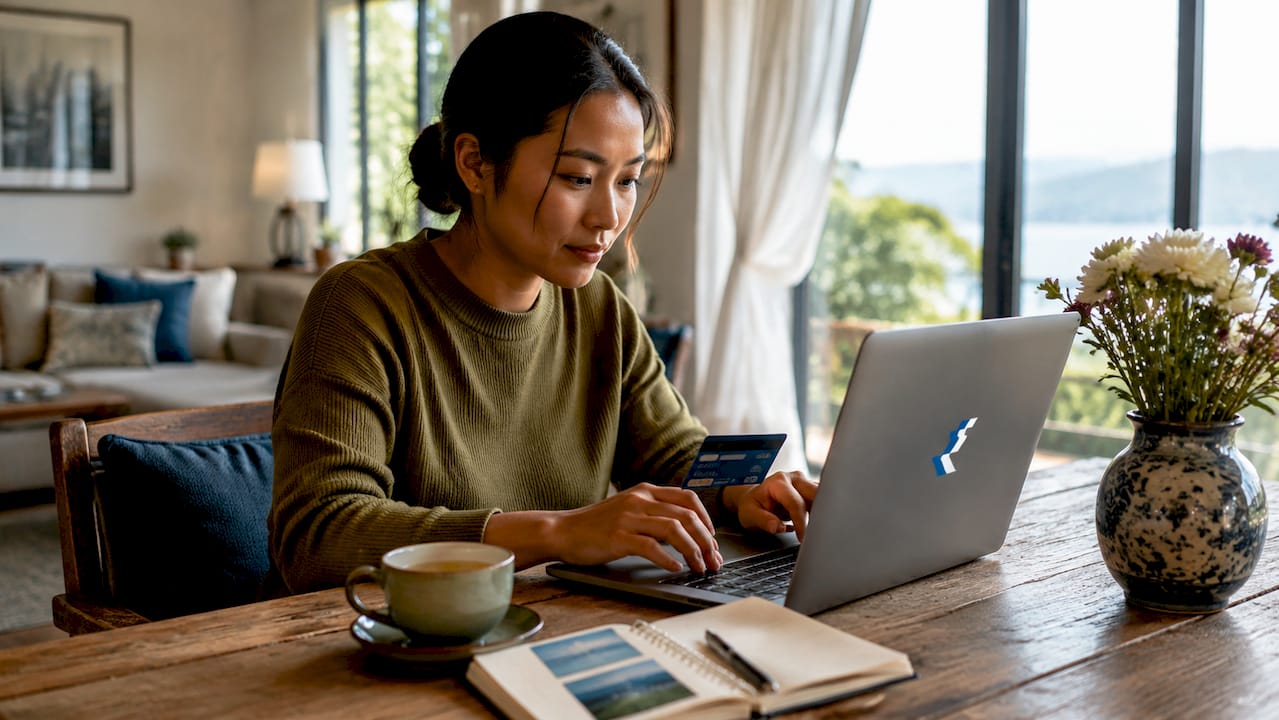Woman making cruise deposit payment online