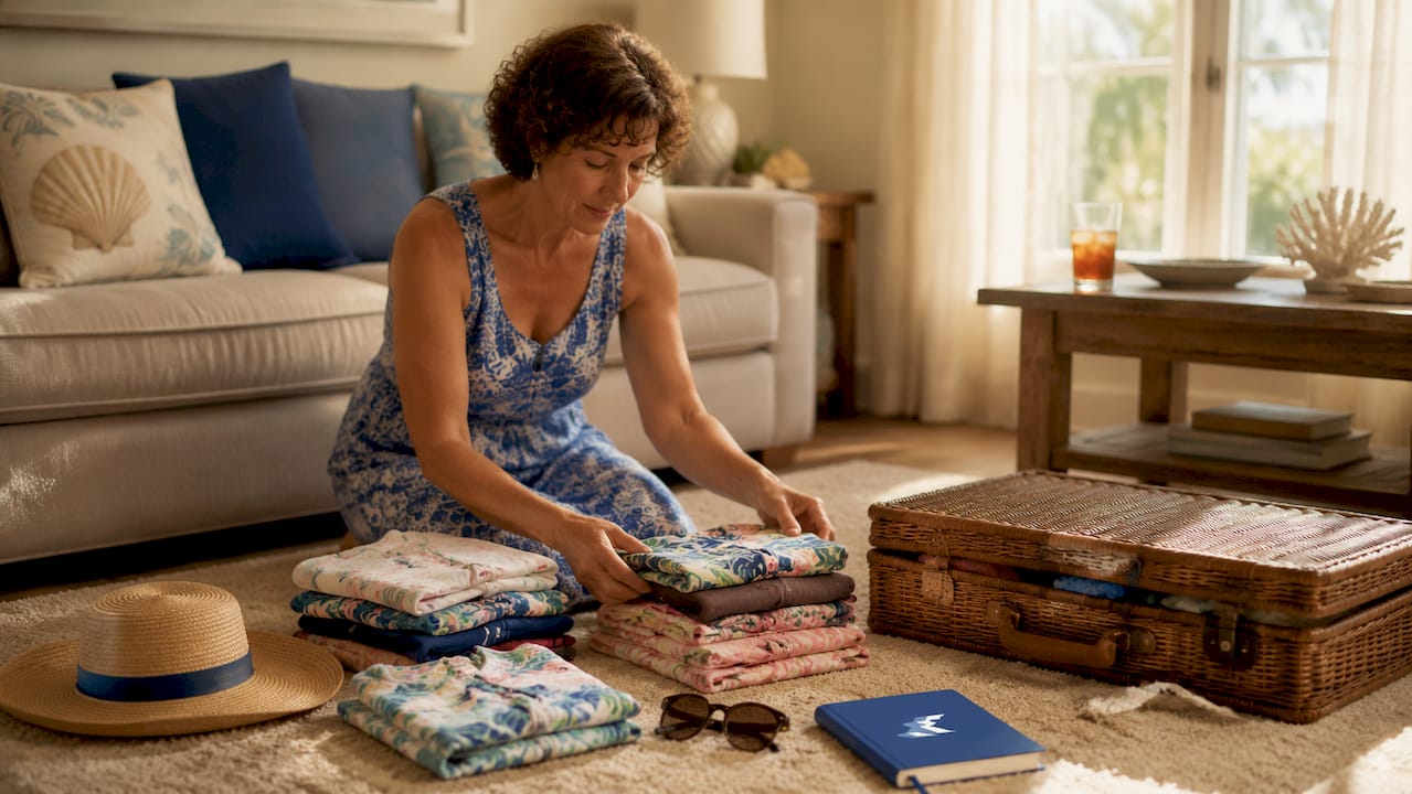 Woman packing cruise suitcase in bedroom