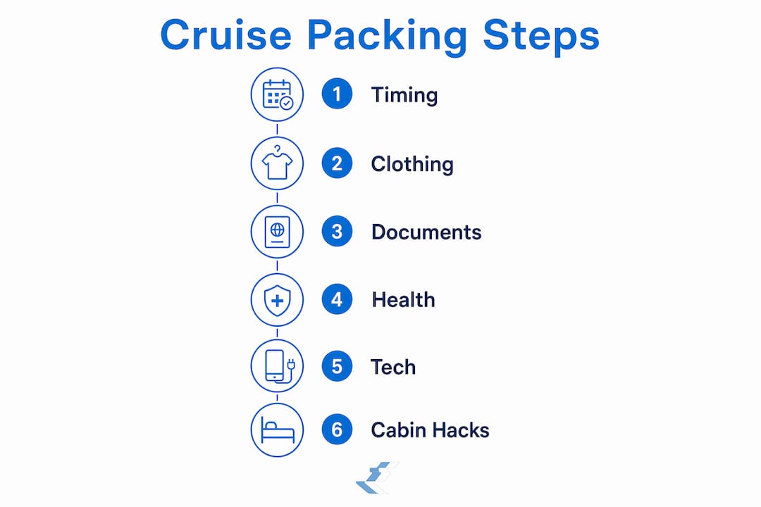 Infographic showing cruise packing checklist steps