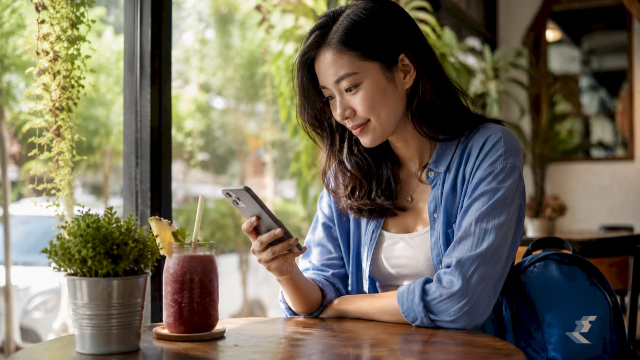 Woman booking cruise on smartphone at home table