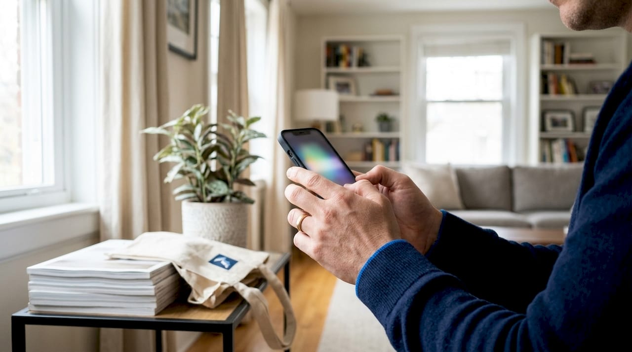 Hands holding smartphone checking booking notification