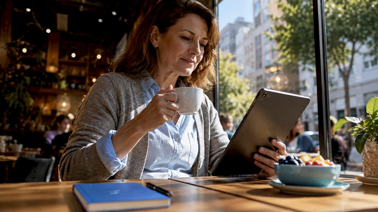 Woman using tablet for cruise booking