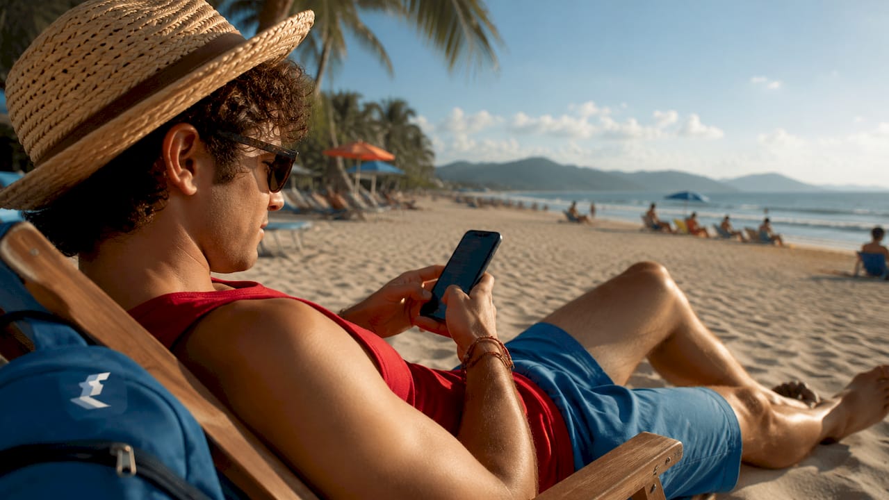 Man using cruise app on ship deck