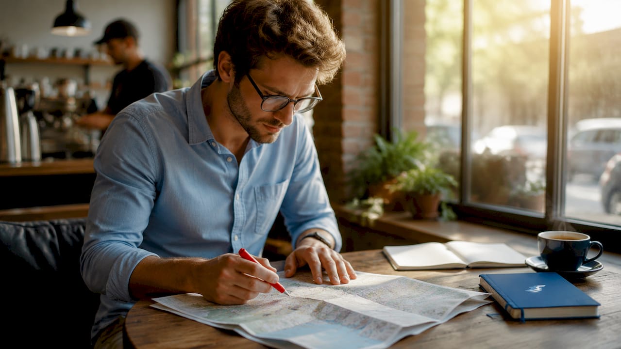 Young man planning cruise trip at home table