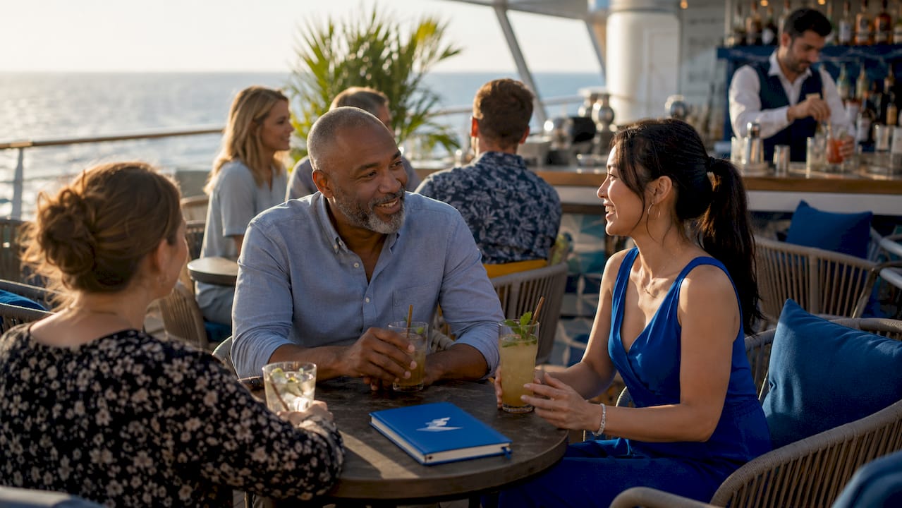 Solo travelers socializing in cruise ship lounge