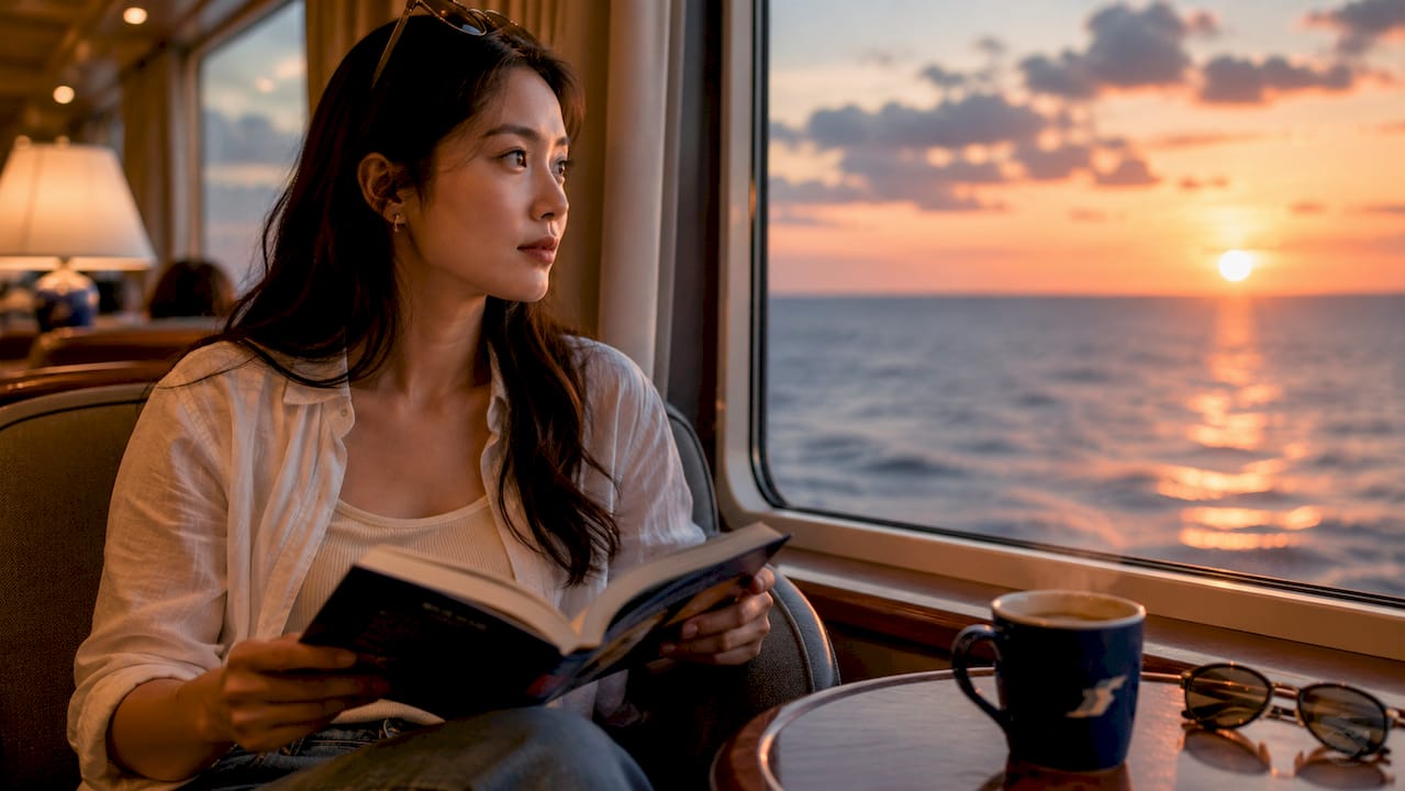 Woman enjoying view from cruise ship balcony cabin