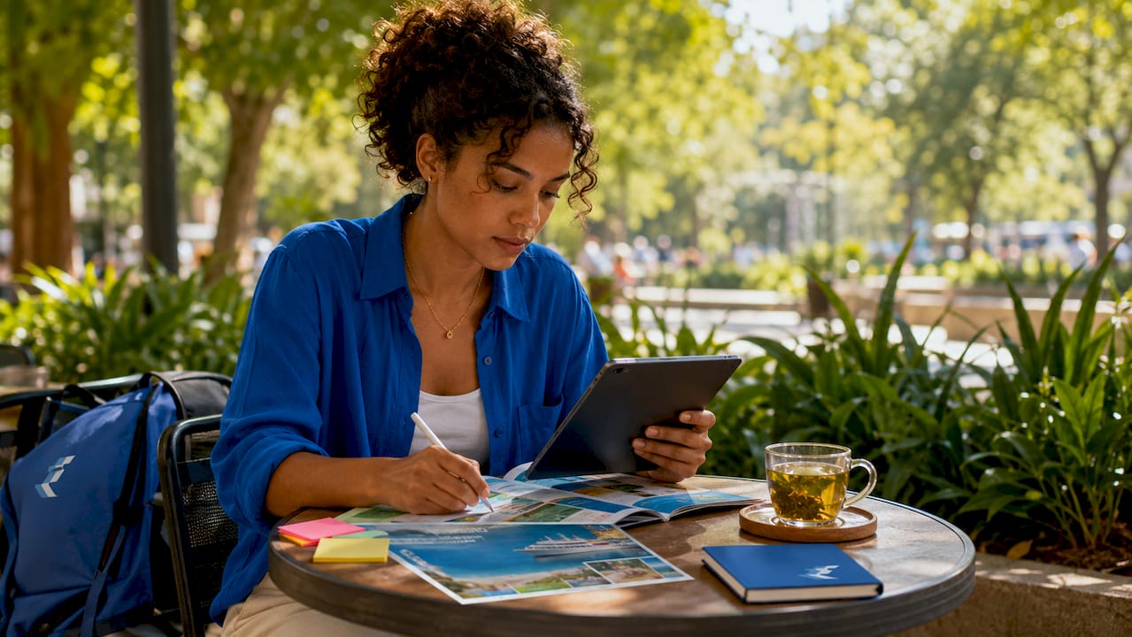 Woman planning cruise segment at home