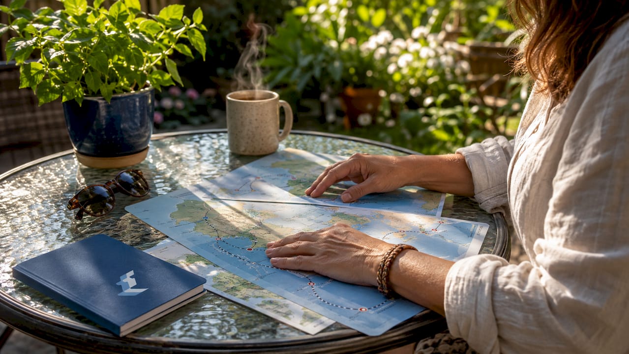 Overhead of hands reviewing cruise segment maps