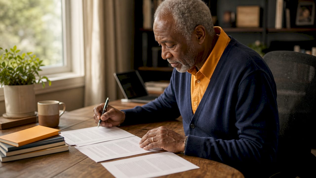 Elderly man reviewing tenant notices at library table