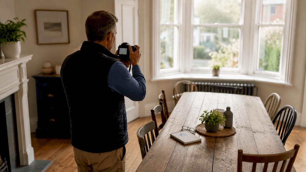 Hands photographing rental property interior for inspection