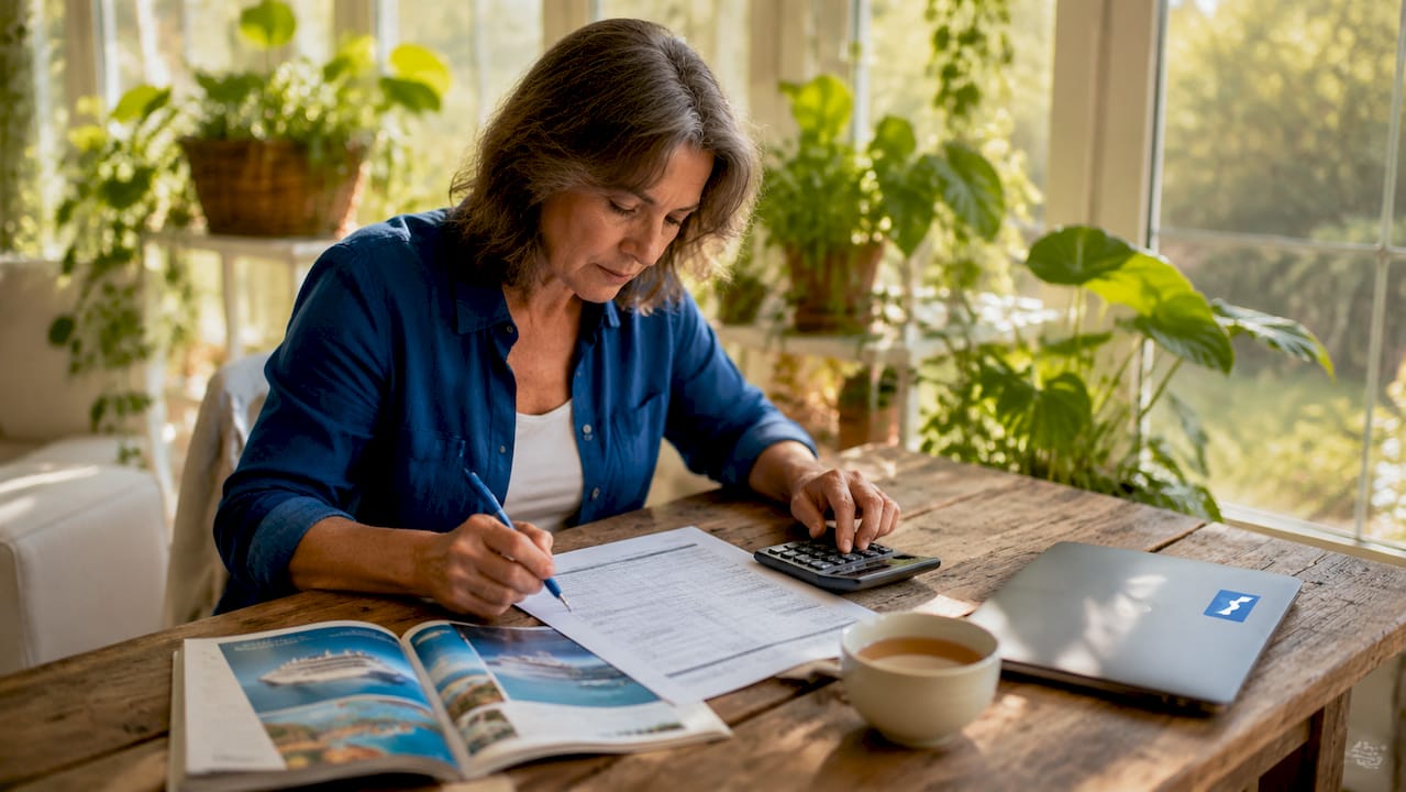 Woman planning cruise budget at kitchen table