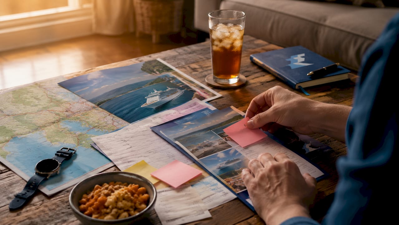 Hands organizing cruise budget papers and receipts