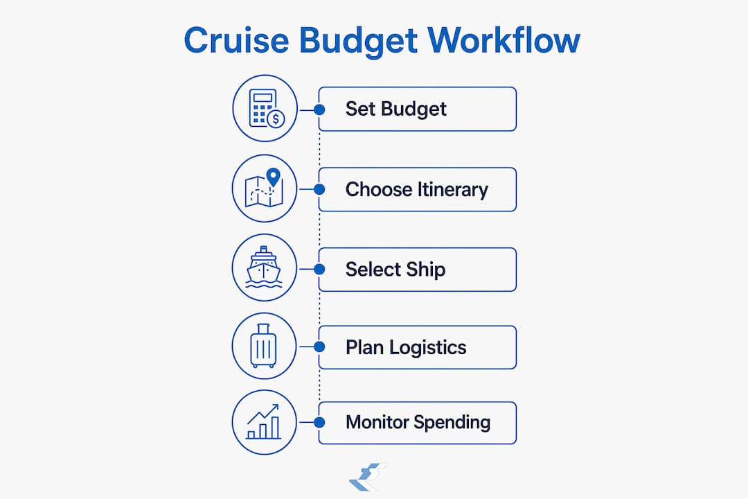 Infographic illustrating steps in budget cruise planning workflow