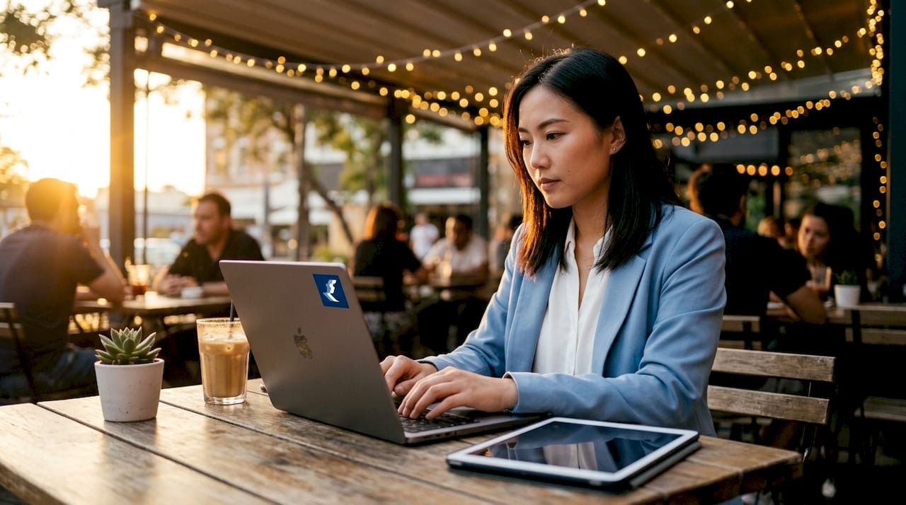 Traveler booking cruise online in harbor cafe
