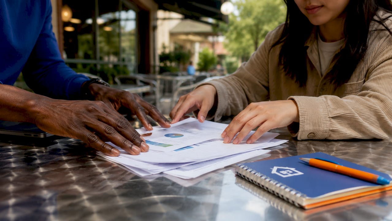 Hands organizing tenant screening documents