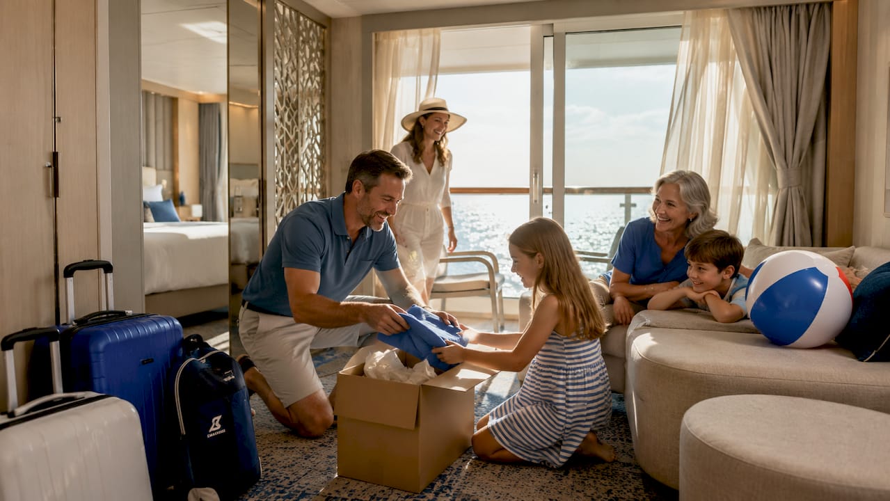 Family unpacking in spacious cruise suite cabin