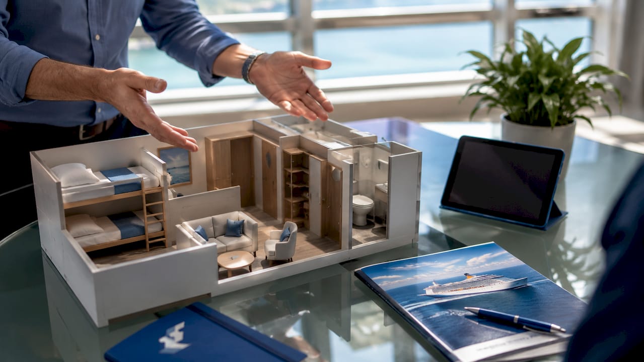 Hands pointing at cruise family suite layout model