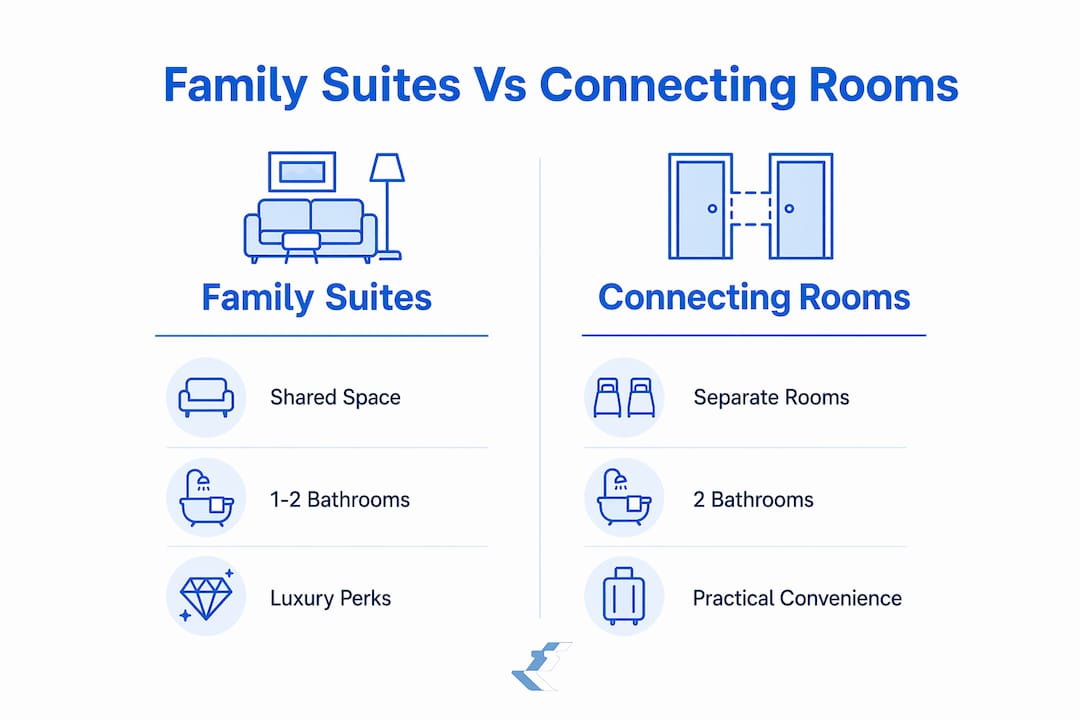 Infographic comparing family suites and connecting rooms