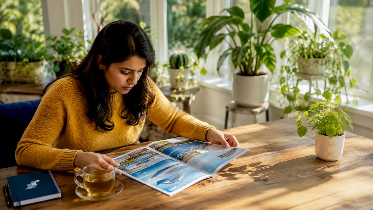 Woman booking cruise online at home