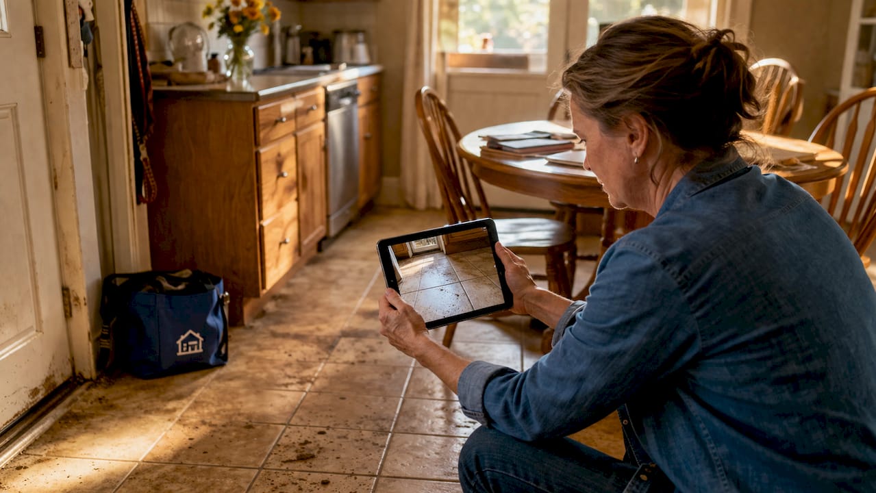 Landlord conducting move-out inspection with tablet