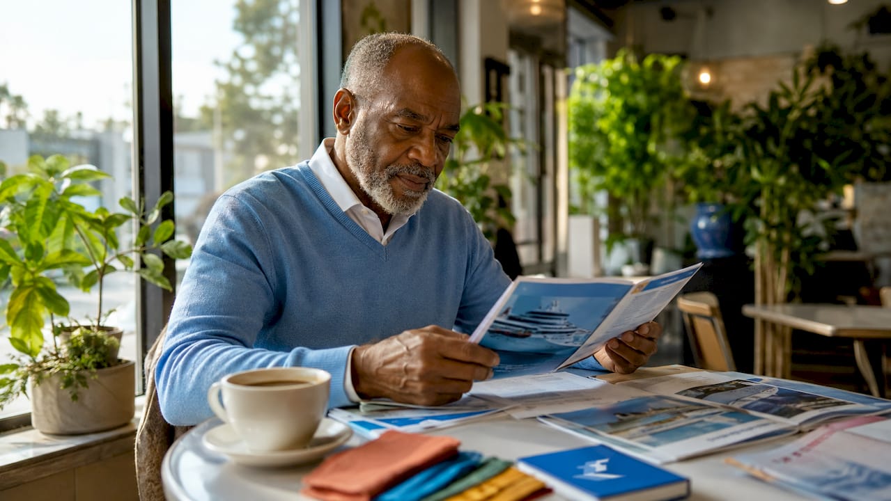 Travel agent reviewing cruise policies at desk
