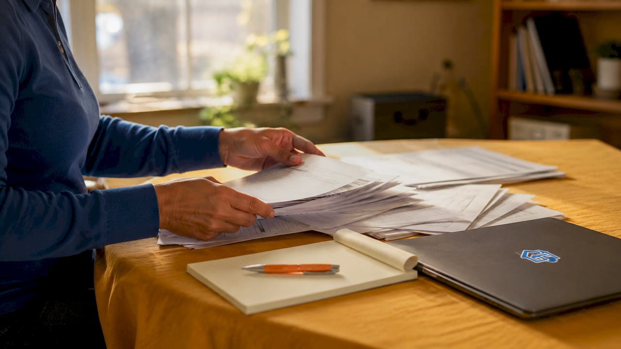 Hands sorting eviction paperwork on wooden desk