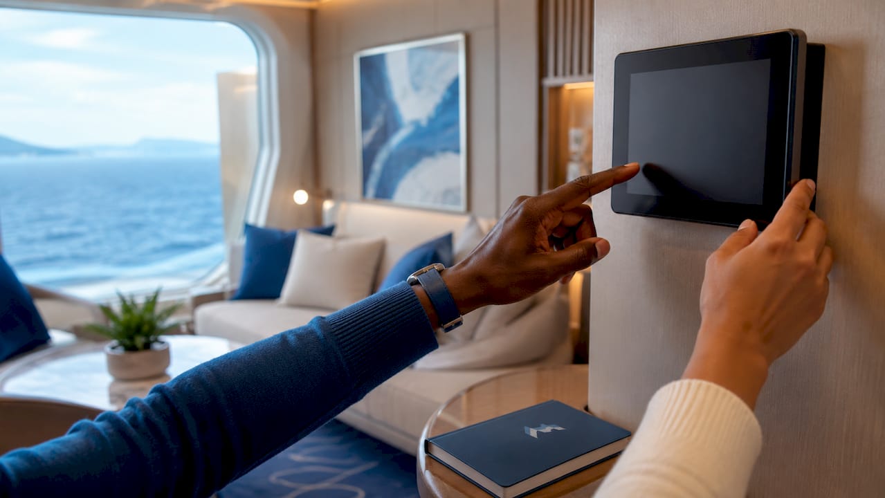 Hands using smart cabin control tablet