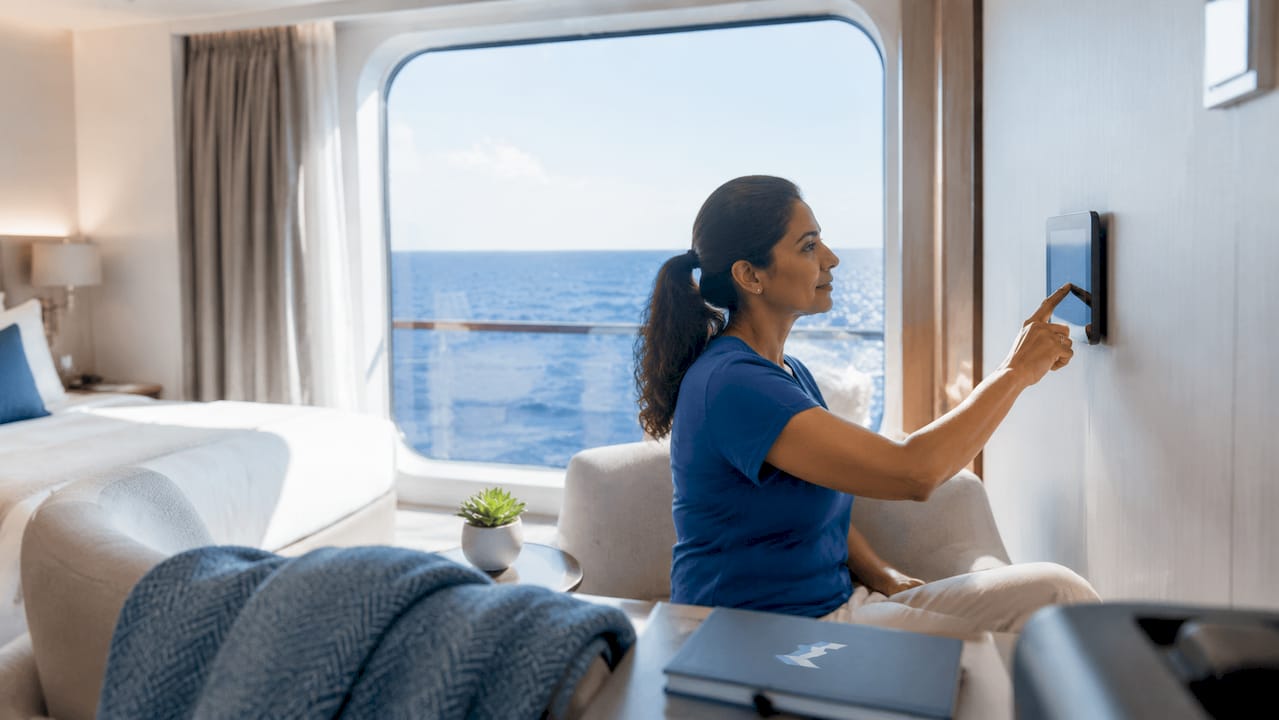 Woman controlling smart cruise cabin lighting with tablet