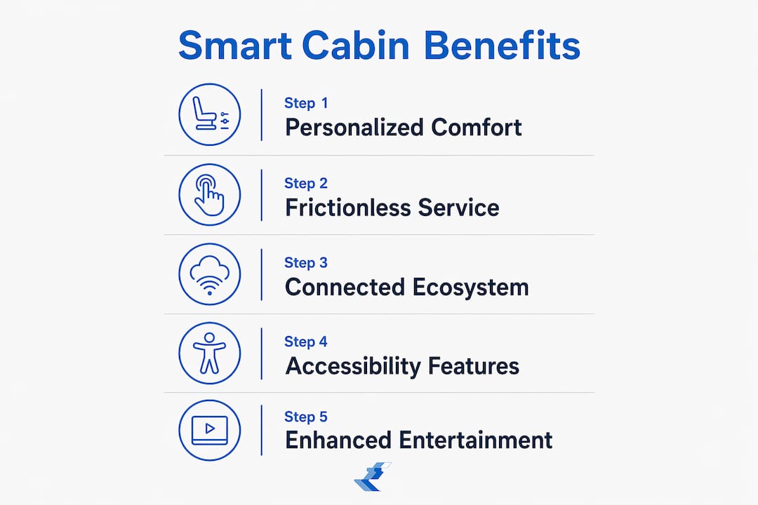 Infographic showing main benefits of smart cruise cabins in vertical stages