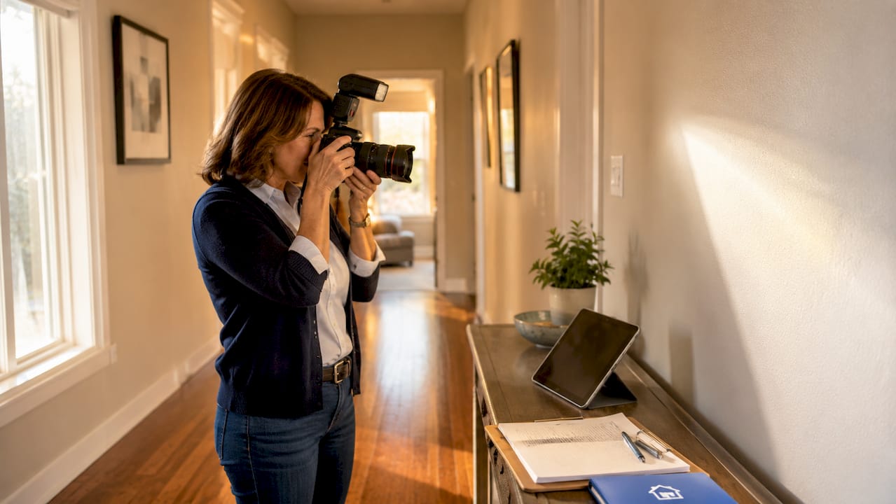 Property manager photographing apartment interior
