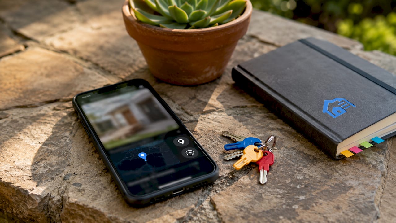 Smartphone with timestamped photo inspection app on desk