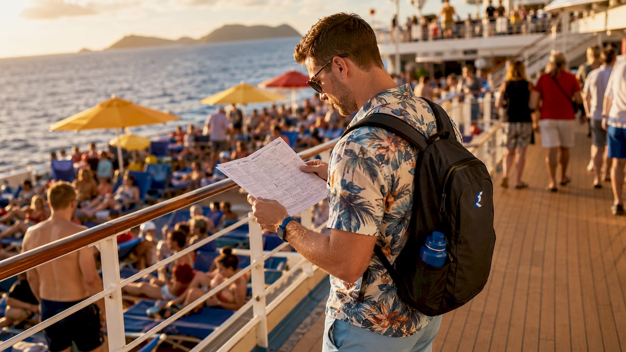 Man reviewing shore excursion itinerary outdoors