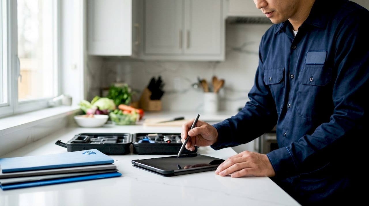 Maintenance worker entering data on tablet