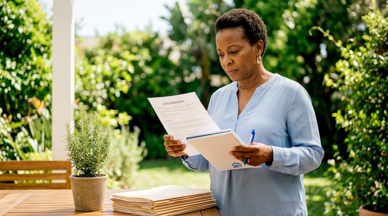 Property manager reviewing lease agreement at desk