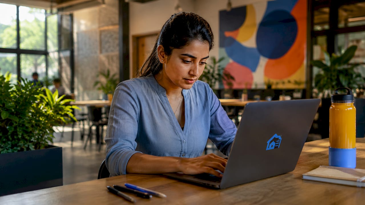 Woman working on rent automation laptop