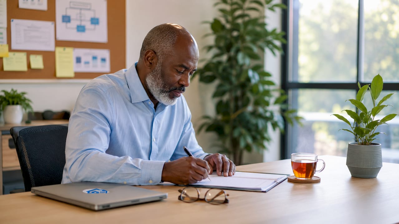 Overhead of workflow documents and man taking notes